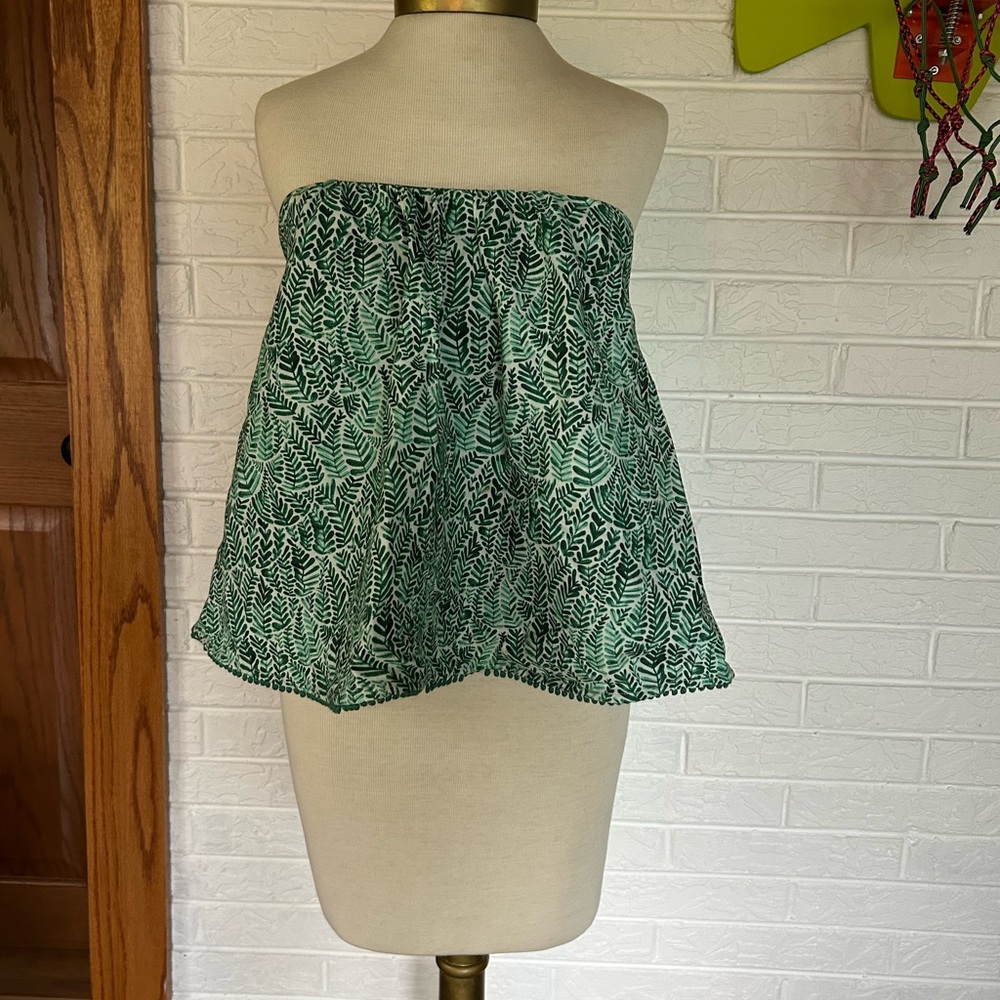 Anthropologie Green Leaf Print strapless Tank Top